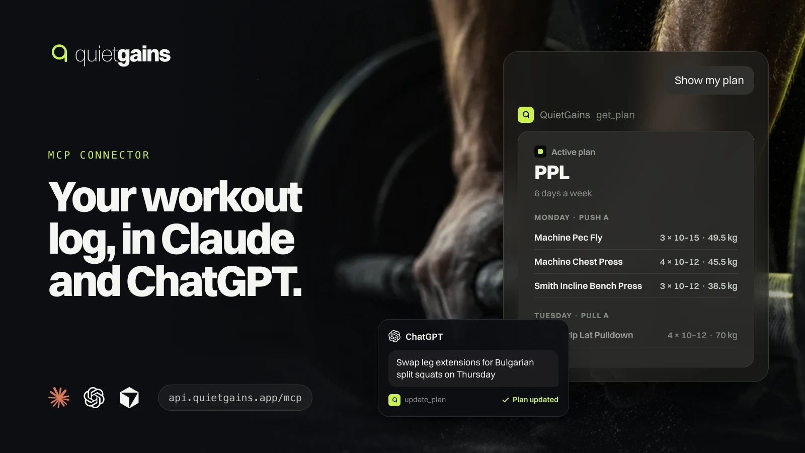 A QuietGains plan card shown inside an AI chat, with a ChatGPT request that updated the plan.