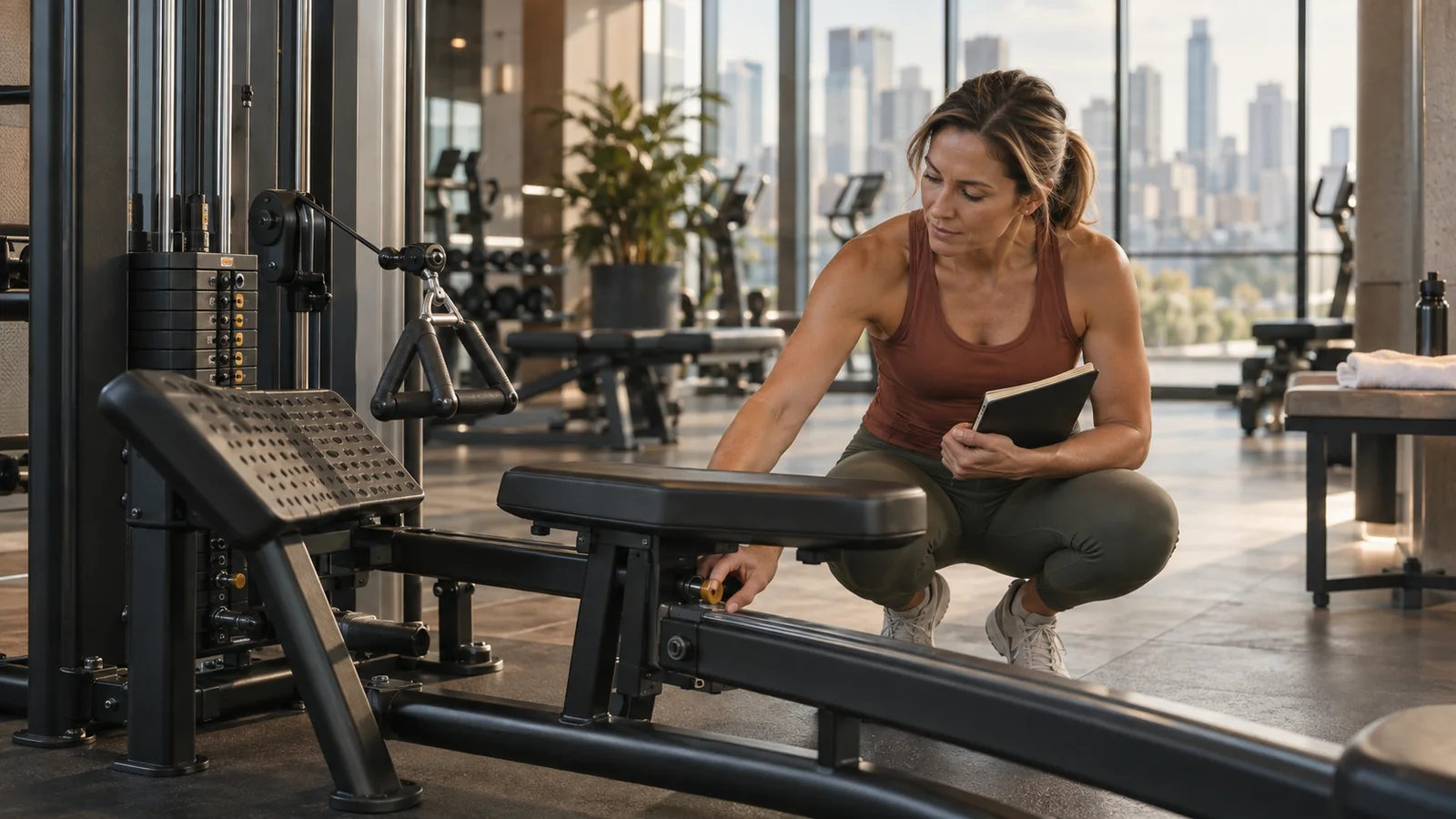 A woman holding a notebook checks a rowing machine's seat adjustment in a hotel gym.
