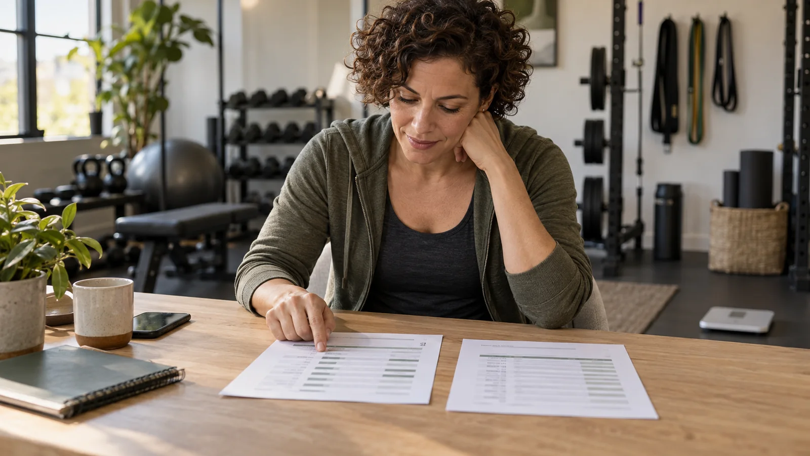 A woman compares two printed body-composition reports at a table.