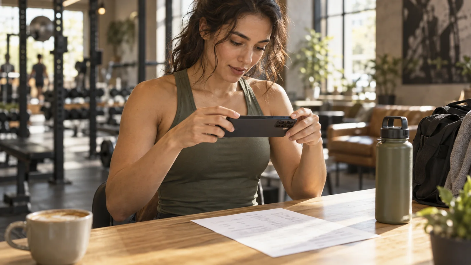 A woman photographs a printed workout plan at a gym lounge table.