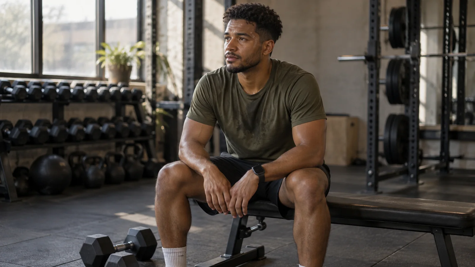 A man pauses thoughtfully on a bench with his dumbbells resting on the floor.