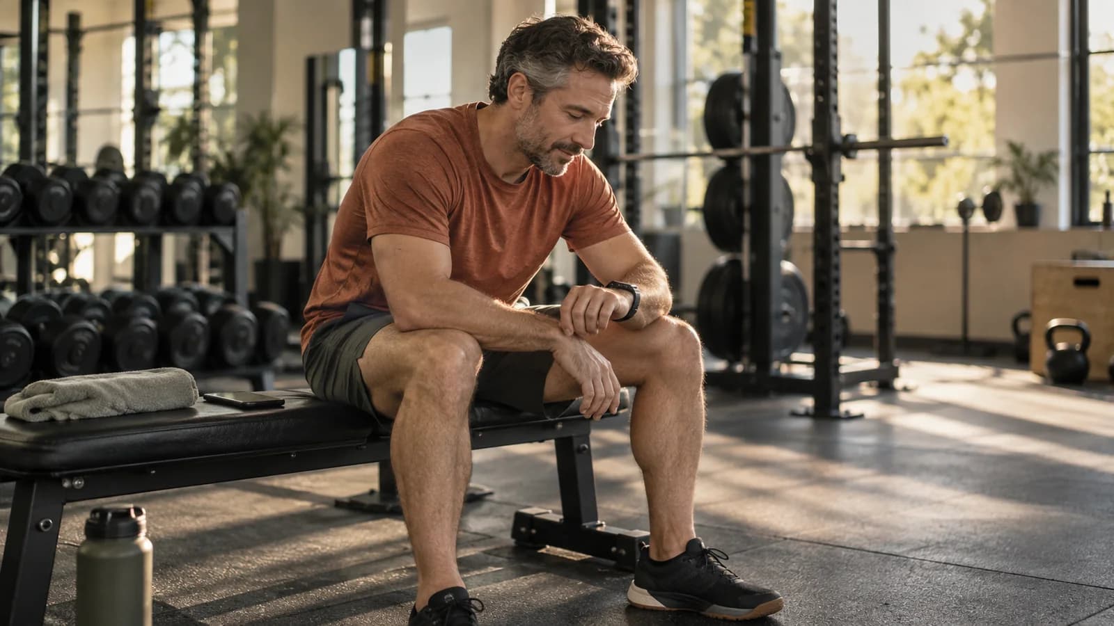 A man rests on a gym bench and checks his watch between sets.