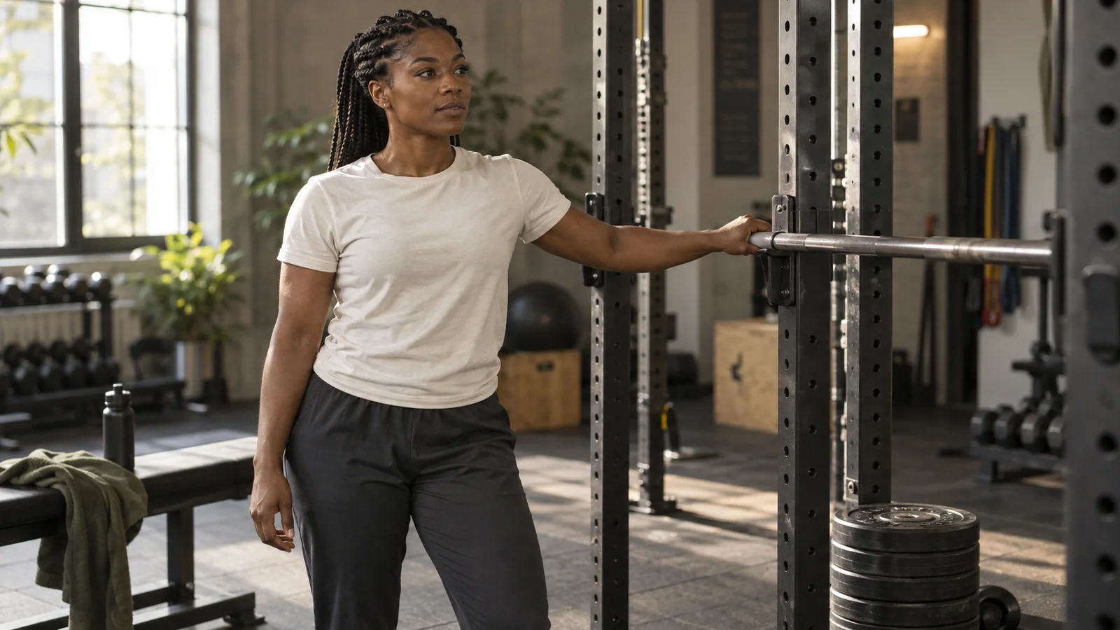 A woman prepares beside an empty barbell in a squat rack.