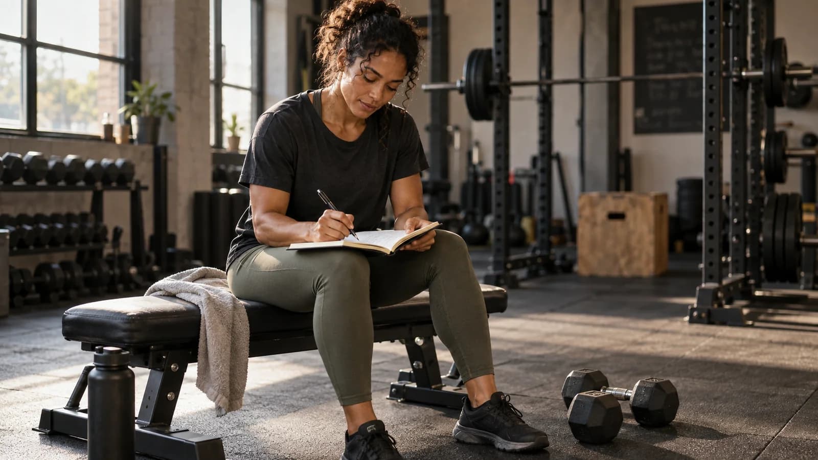 Una mujer sentada en un banco de gimnasio anota las series completadas en un cuaderno de entrenamiento.